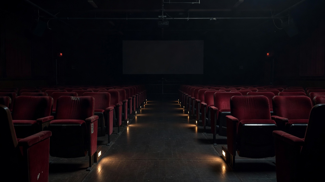 A shadowed aisle between rows of cinema seats