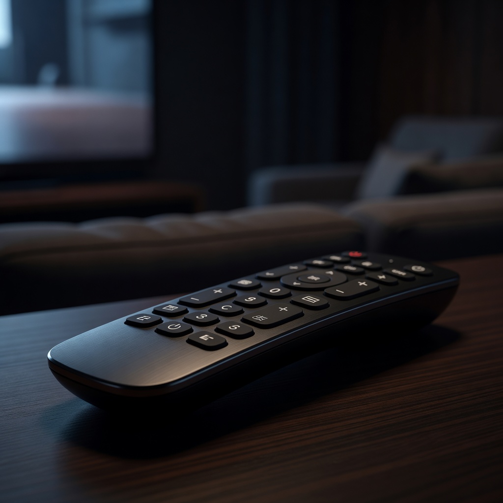 A television remote on a low-lit table